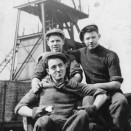 Photo:John Kelly (front), with Allan Mark and Tommy Curran, pithead workers at Loganlea No. 2 pit, 1953.