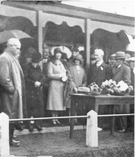 Photo:Opening of Addiewell bowling green, 1930.  Left: James Erskine, Oil Works manager; Bertie Brown (right, in hat); Jimmy Morrison (second right, white hair).