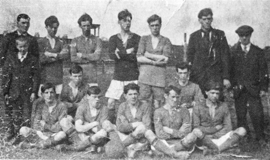 Photo:St Aloysius football team, Addiewell, 1920s.  The goalkeeper is John Kelly, father of John Kelly who collected so many old photos of Addiewell and Loganlea.