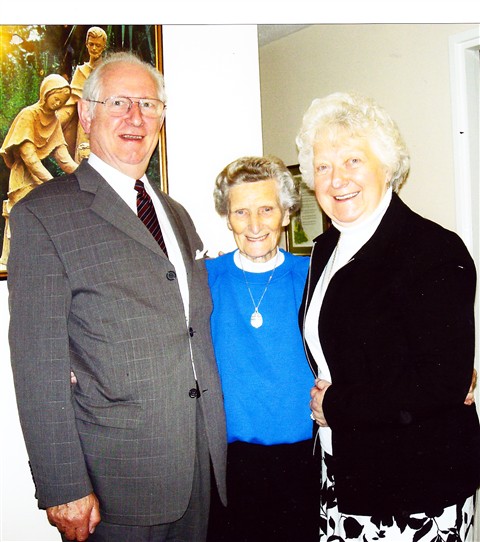 Photo:Jim and Bertha Robertson with Sister Margaret at her 95th birthday celebrations.